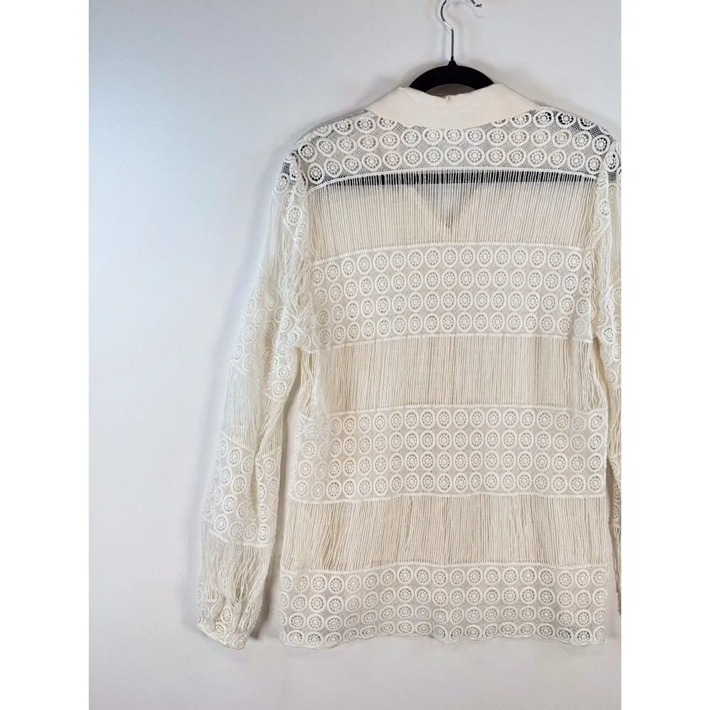 ALEXIS Womens Top Beige Button Up Silk Crochet Lace Sheer Blouse Boho USA Size 6 - Image 8