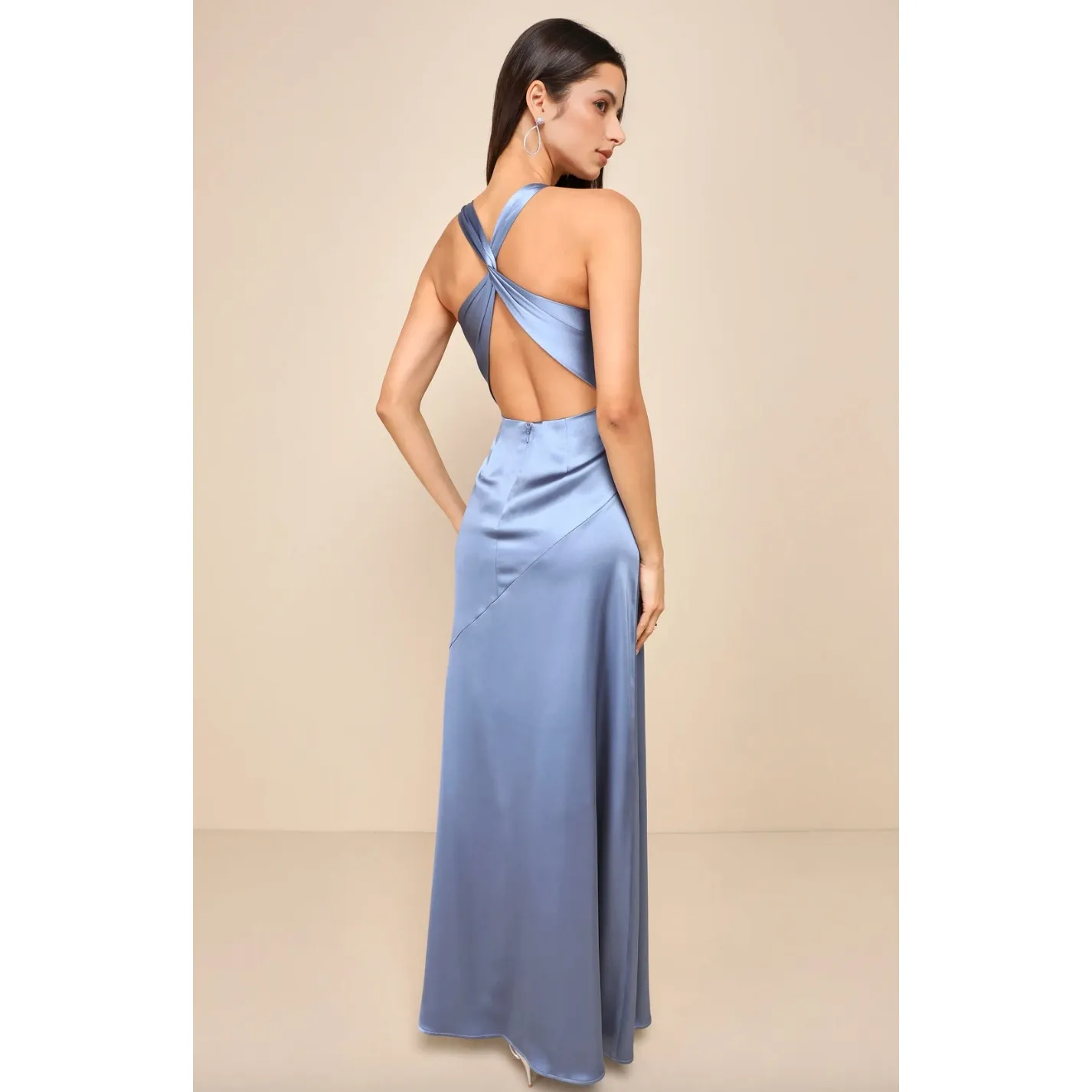 Lulus Purely Elegant Slate Blue Satin Twist Back Maxi Dress Long Formal XL NWT - Image 2