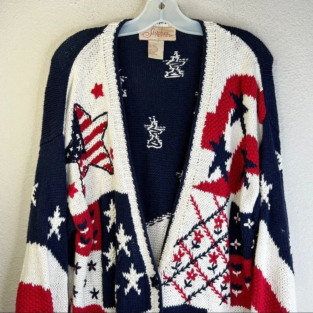 Vintage Stitches in Time Thick American Flag Cardigan Sweater Size L - Image 3
