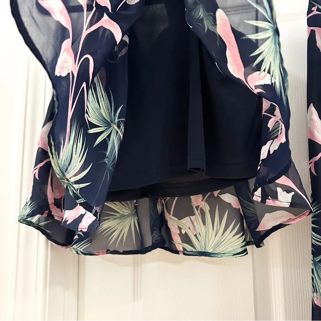 JustFab Miss Avenue Tropical Print Halter Top Wide Leg Pant 2pc Set Blue Pink M - Image 7