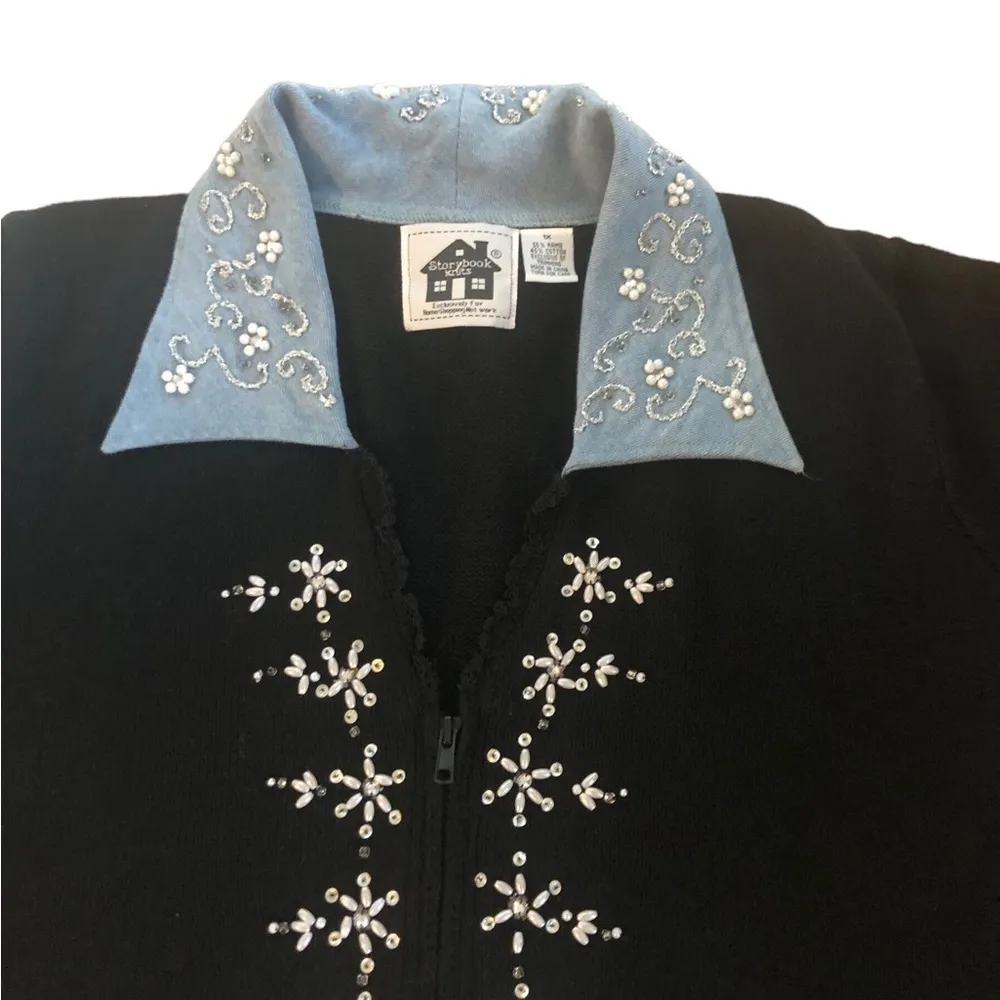 Black Embellished Cardigan Sweater 1X Zip Beaded Denim Collar - Image 2