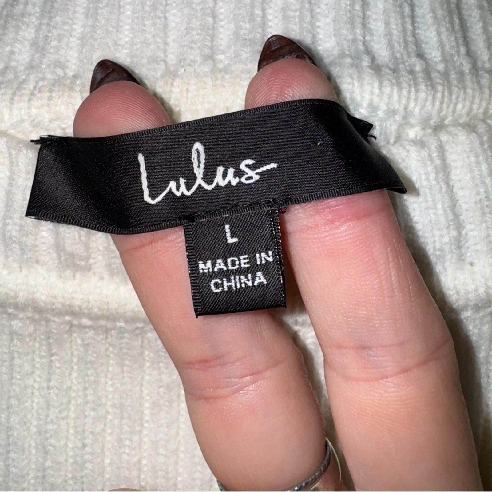 Lulus Cream Ribbed Knit Long‎ Sleeve Cropped Pullover Sweater  Size L - Image 5