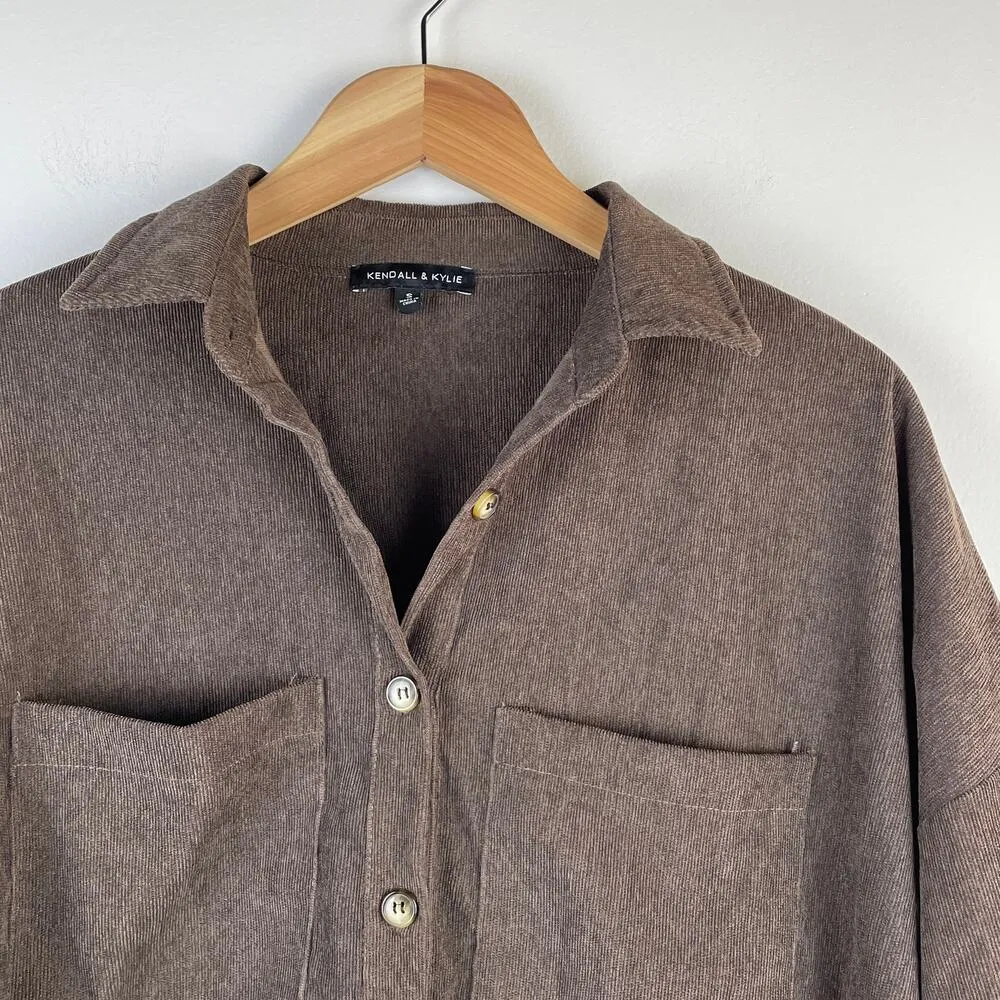 Kendall & Kylie Shirt Brown Corduroy Long Sleeve Oversized Button-Up Pockets - S - Image 3