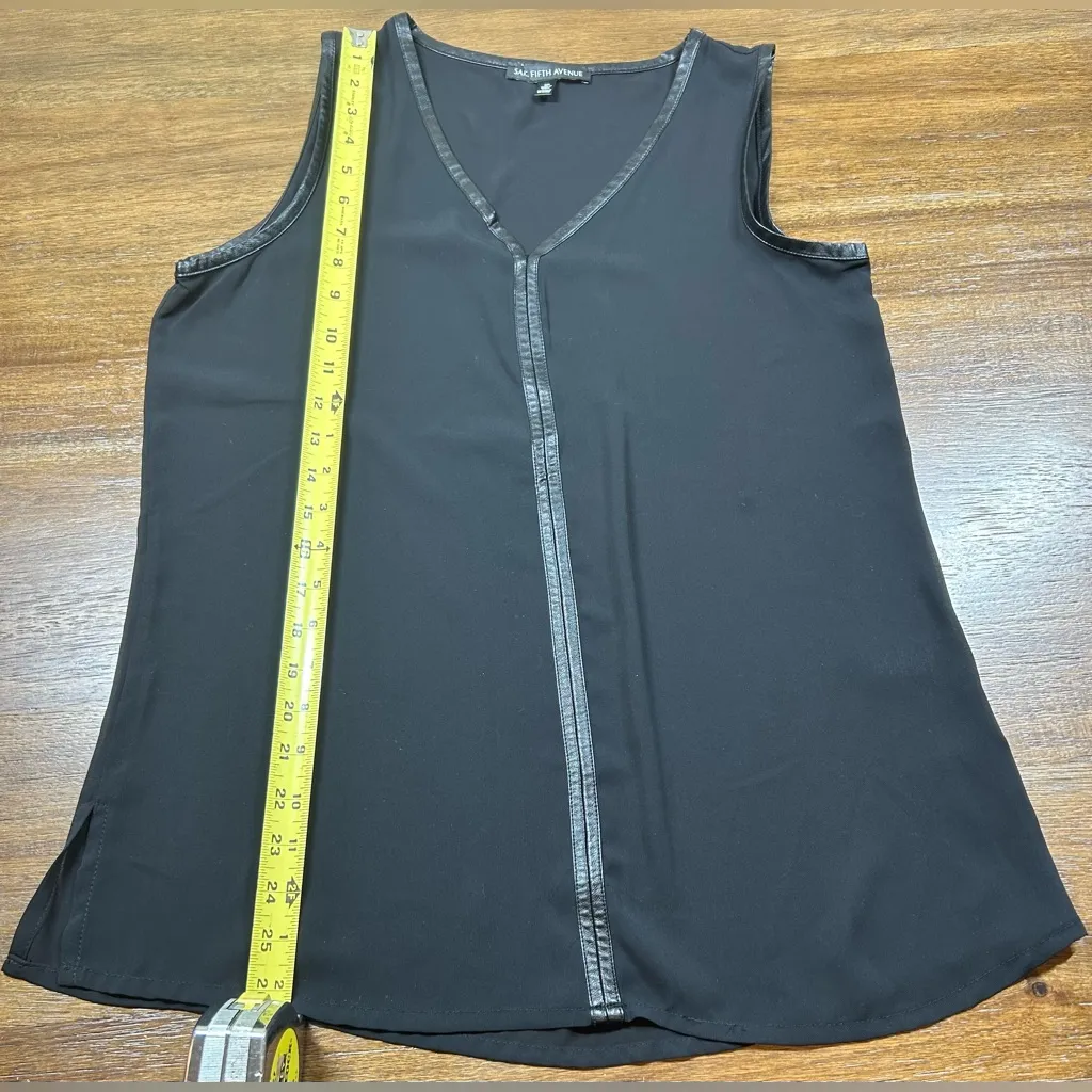 Saks Fifth Avenue Size S VNeck Faux Leather Trim Black Sleeveless Eloquent Top - Image 5