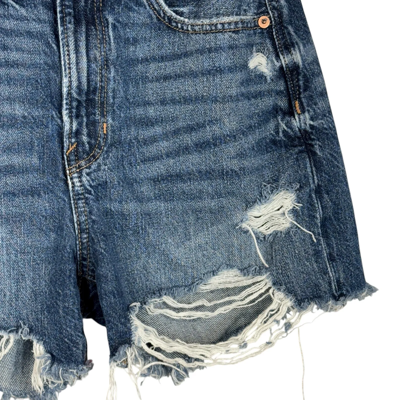 American Eagle SZ 2 90s Boyfriend Jean Shorts Distressed Frayed Hi-Rise Zip-Fly - Image 3
