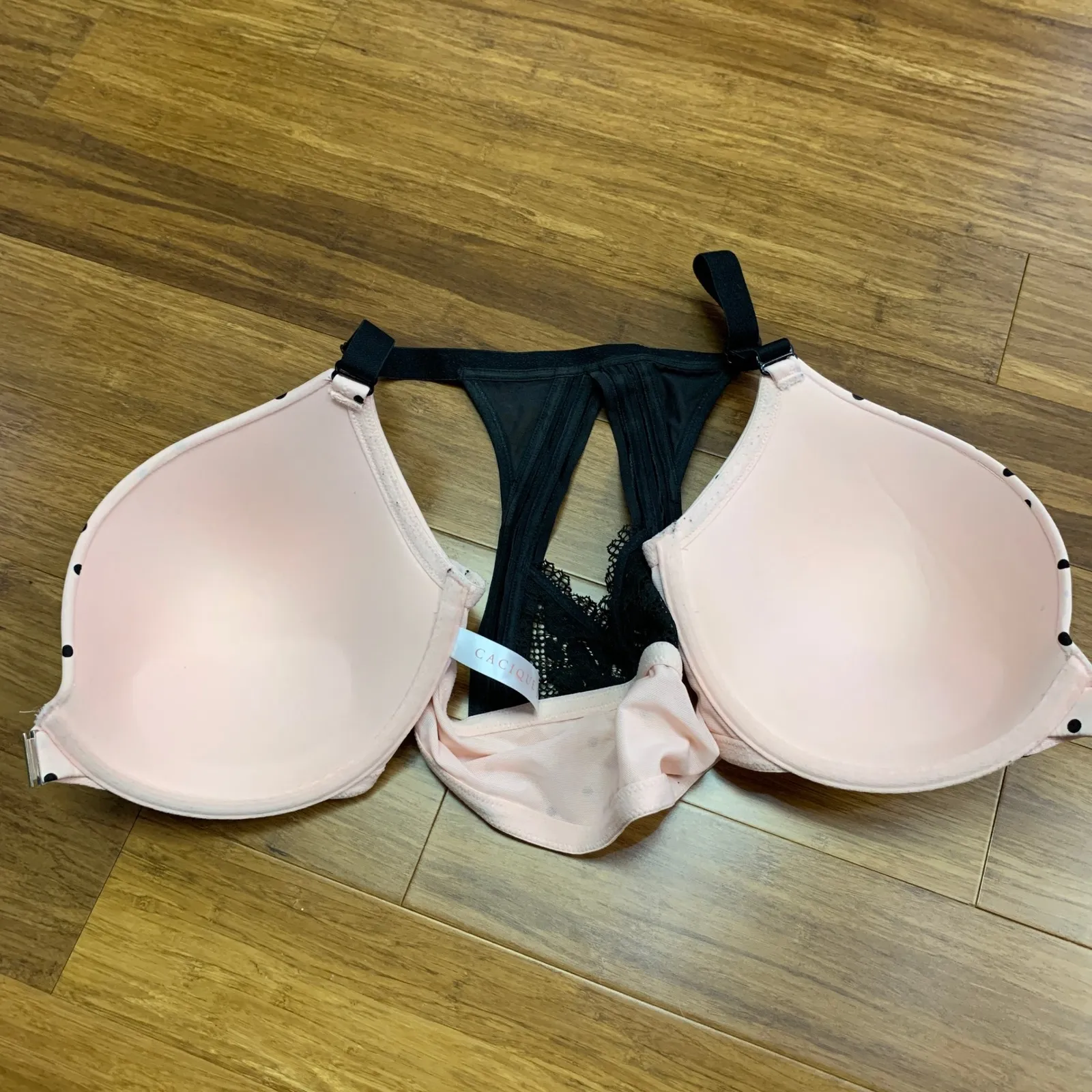 Cacique Boost Plunge Bra Womens Size 44C Polka Dot Front Closure Racerback Pink - Image 3