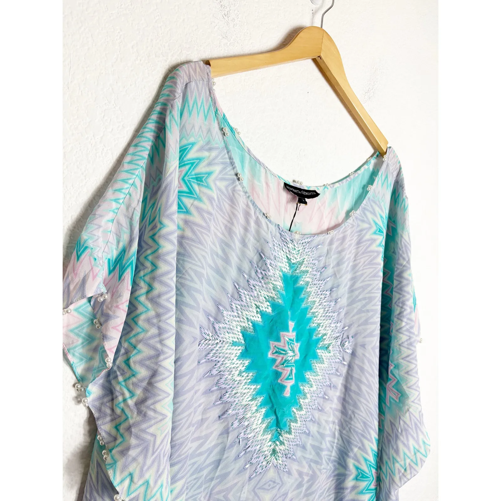 Hemant & Nandita Caftan Small 100% Silk Beach Coverup Blue Chevron Boho Beaded - Image 9