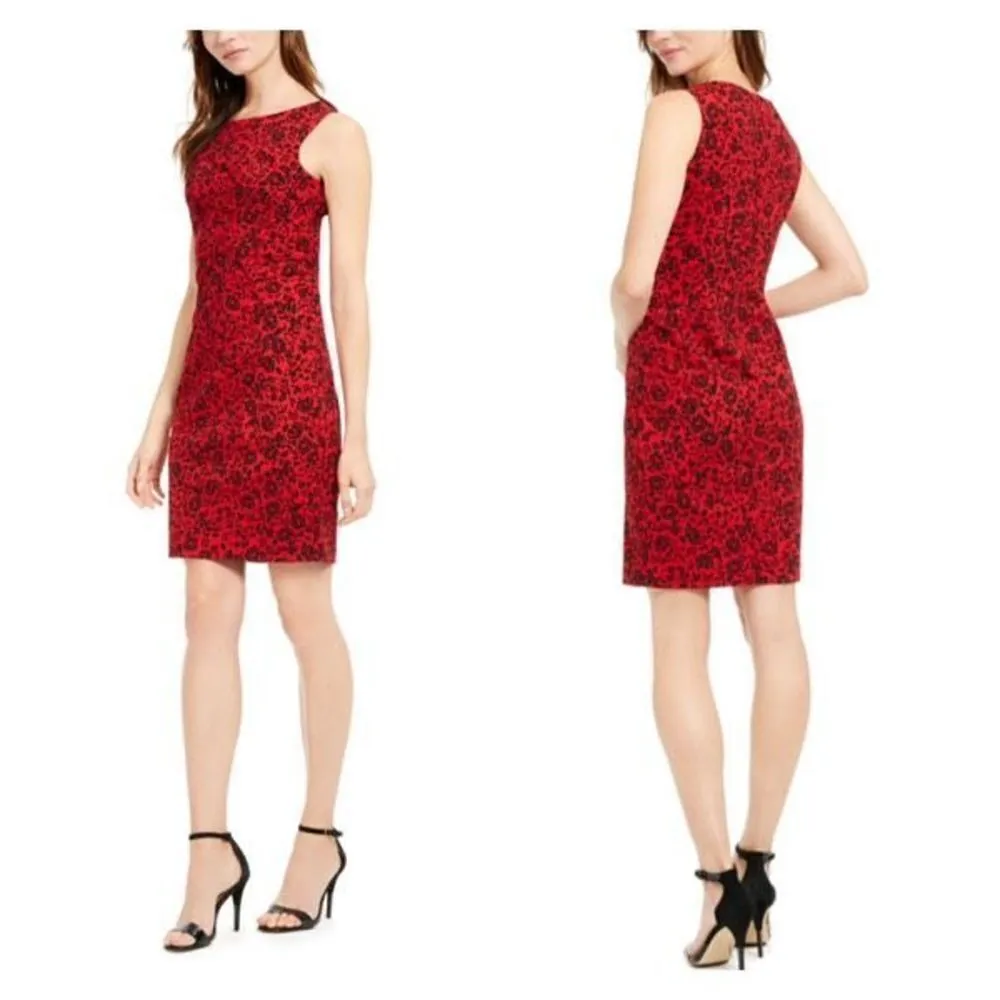 CALVIN KLEIN Red Printed Sleeveless Short Sheath Cocktail‎ Dress Size Small - Image 2