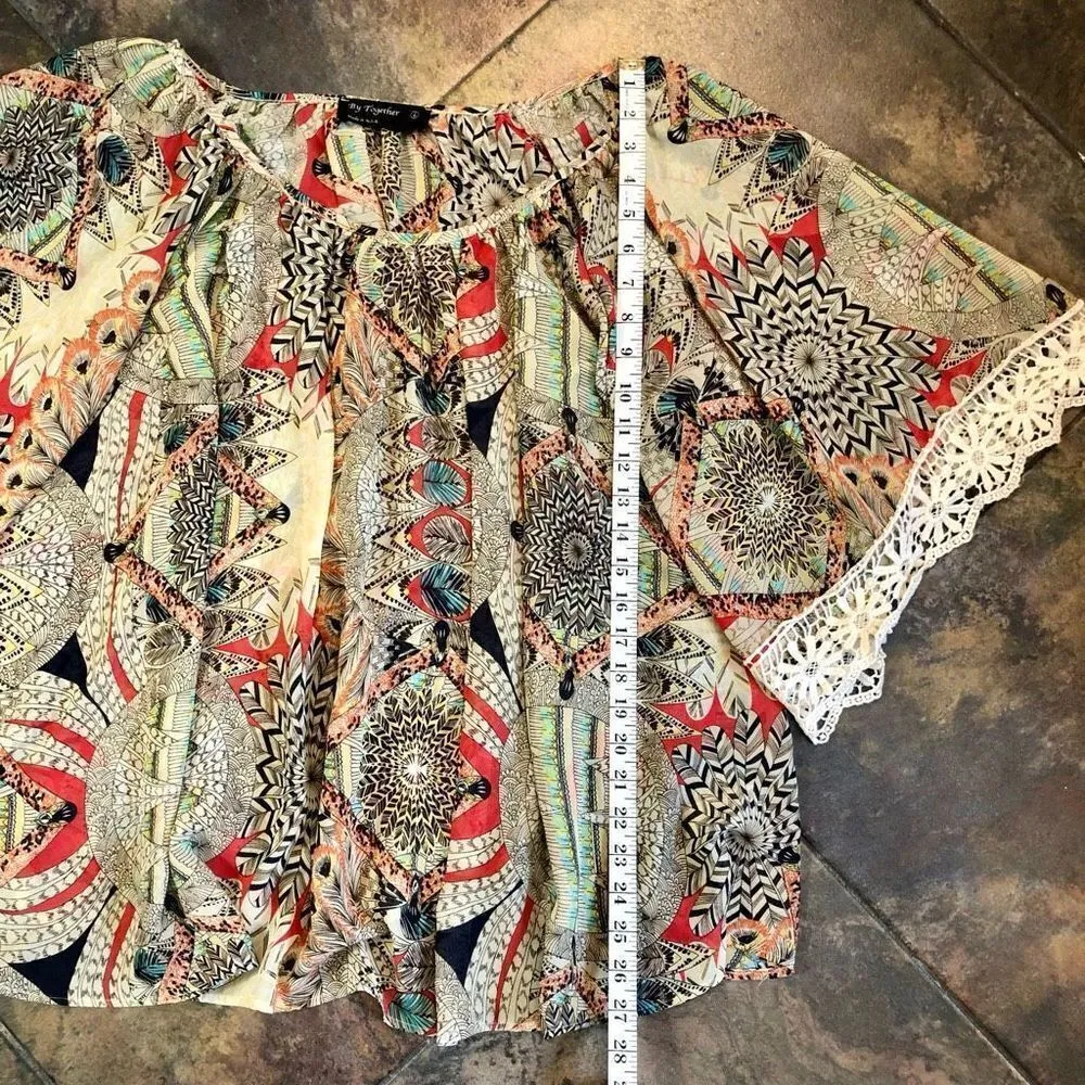 By Together Sheer Pull On Multicolor Blouse Lace Sleeve Trim Size Large - Image 3