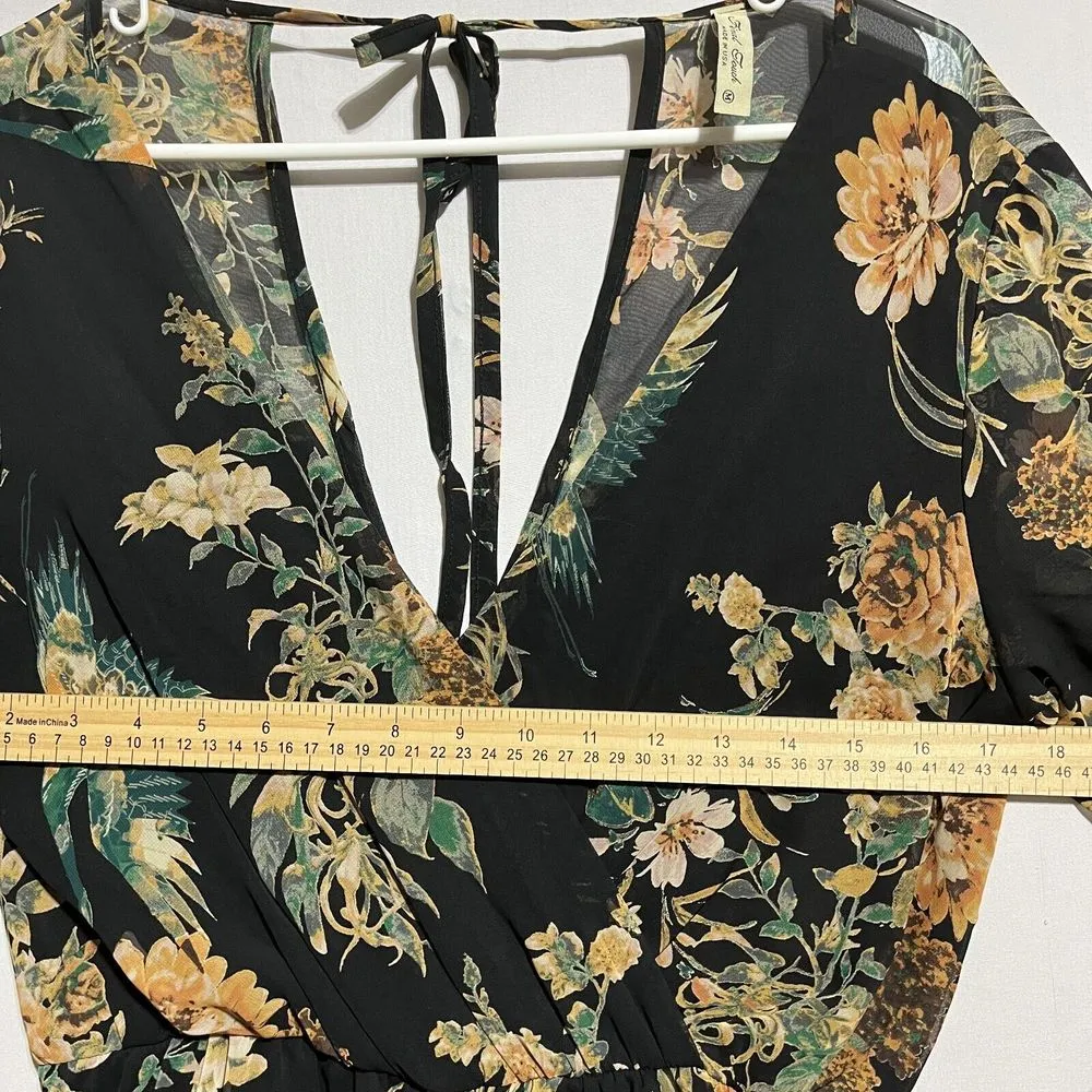 Final Touch Romper Women's Medium Black Floral‎ Sheer Surplice Neck Long Sleeve - Image 8