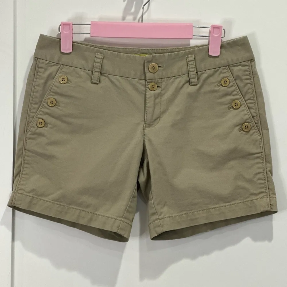 Vintage Juicy Couture Y2K Tan Khaki Mini Shorts Low Rise Buttons Size 4 Sailor - Image 2