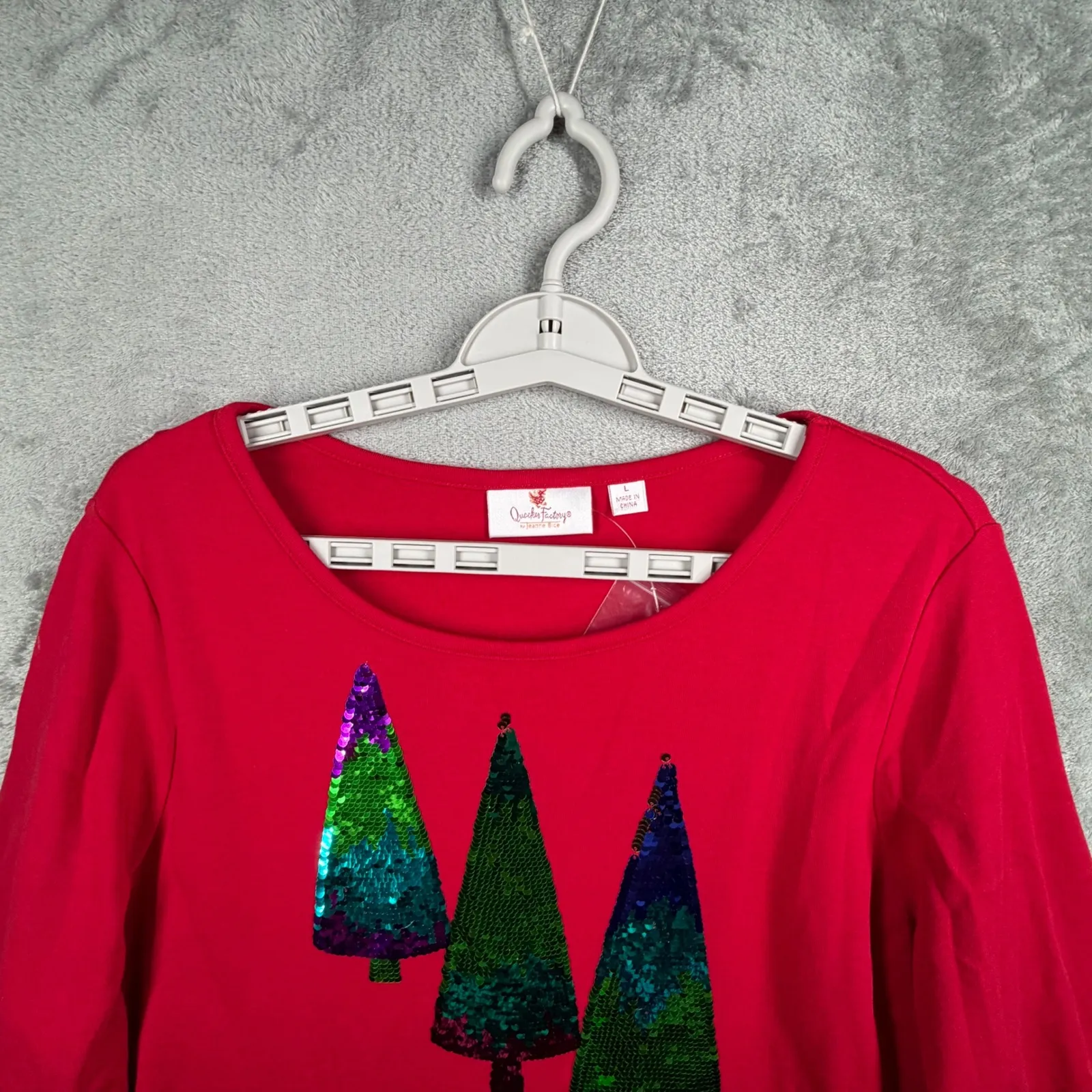 Quacker Factory Shirt L Christmas Tree Sequin Red Long Sleeve Festive Holiday Size L - Image 4