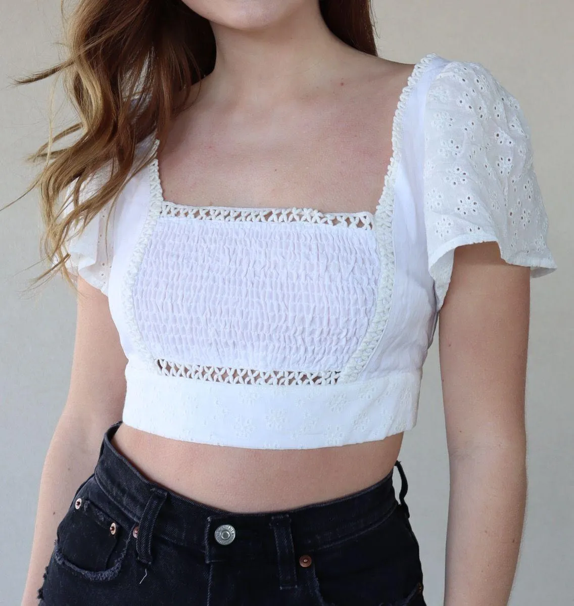 White Eyelet Tie Back Crop Top - Image 8
