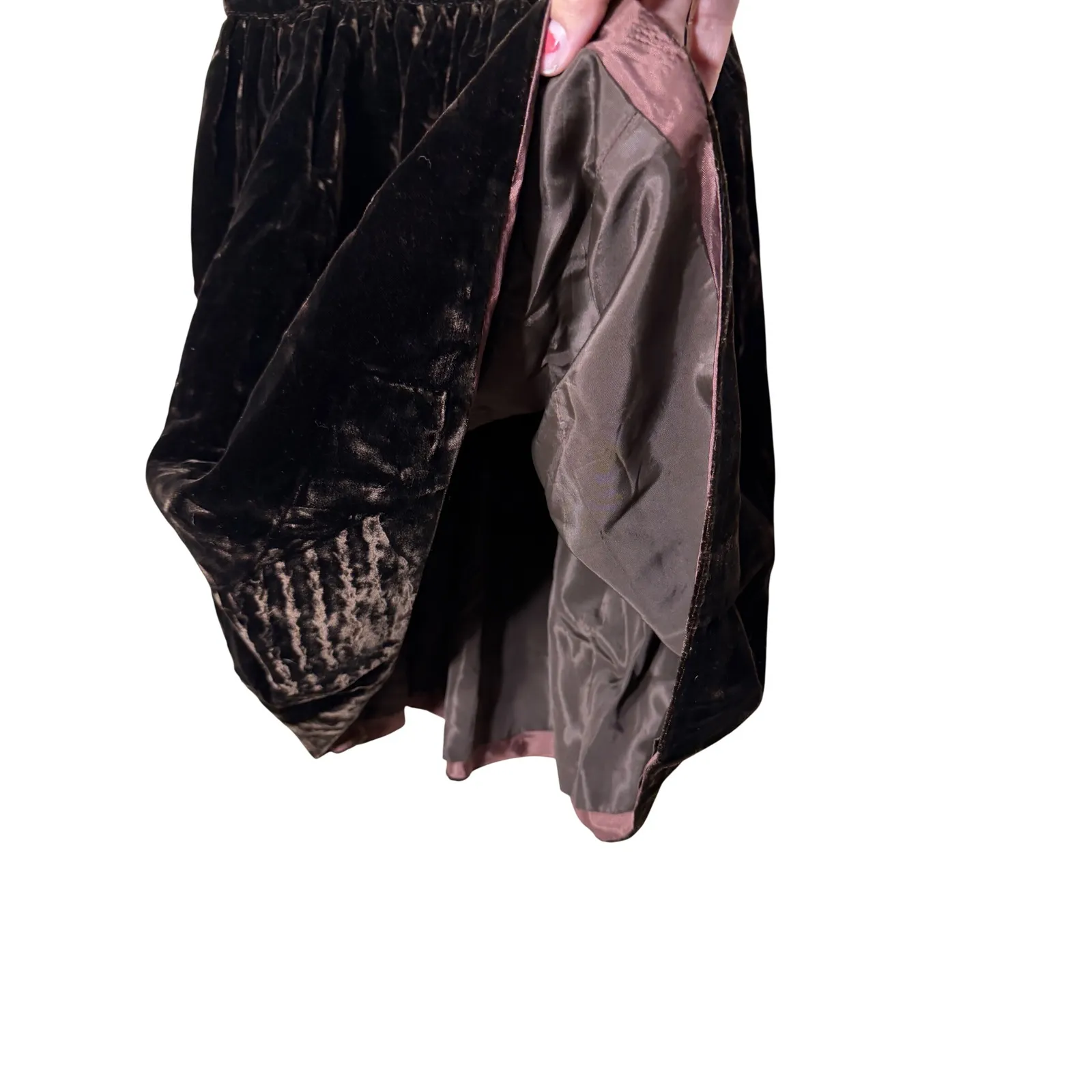 Dark Brown Velvet Midi Skirt Elastic Waist Gathered Full A Line XS/S - Image 3