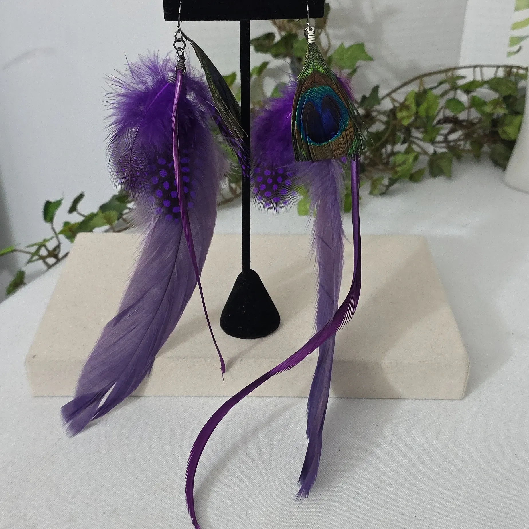 Boho Long Purple Real Feather Earrings - Image 2