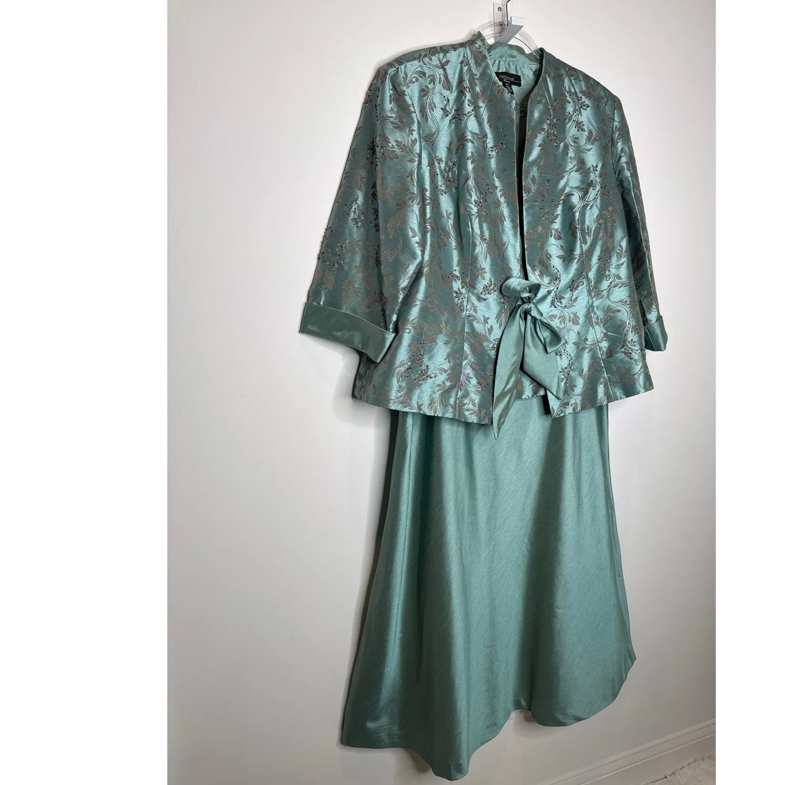 2000s R&M Richards seafoam brocade jacket & satin dress set size 18 - Image 15