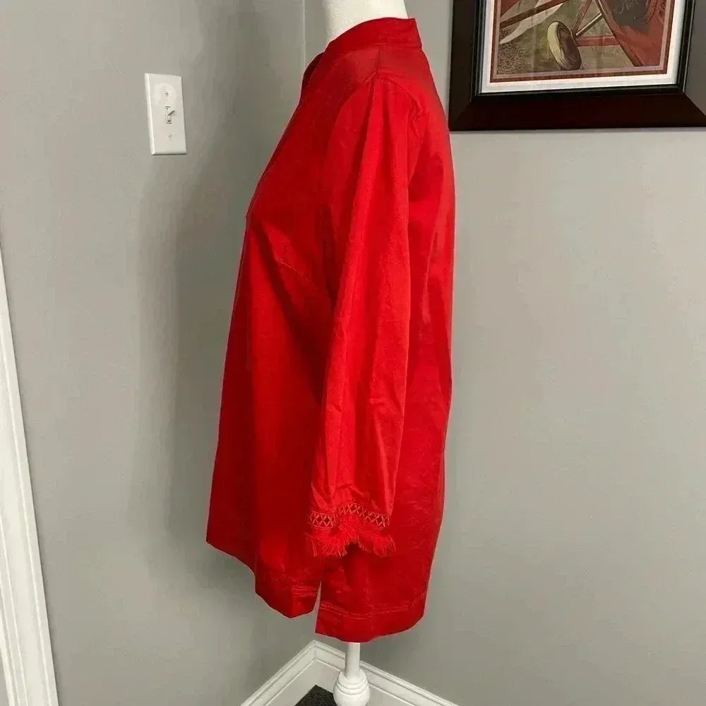 Brooks Brothers Top Blouse Tunic Womens Red Frayed Crochet Size Medium Cotton - Image 2