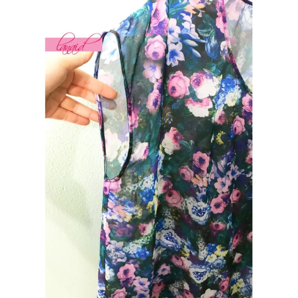 Mumu V-Neck Floral Tunic Blouse Chiffon Gauze Cover-Up Dolman Semi-Sheer Top M - Image 4