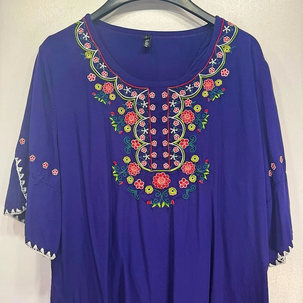 Ashir Aley Blue Embroidered Floral Boho Flowy Short Sleeve Top Size Large - Image 3