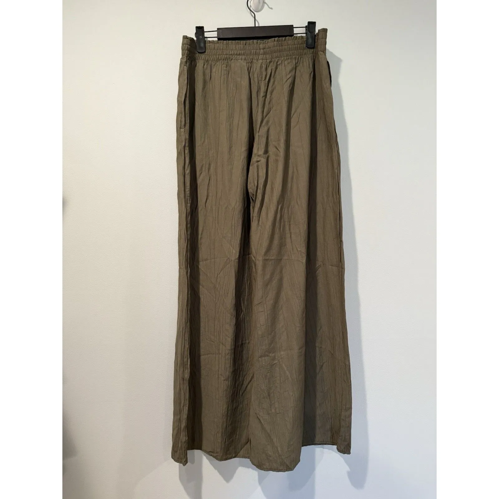 H&M Wide Leg Pants Womens Medium Olive Green Elastic Waist Flowy Travel Lounge - Image 2