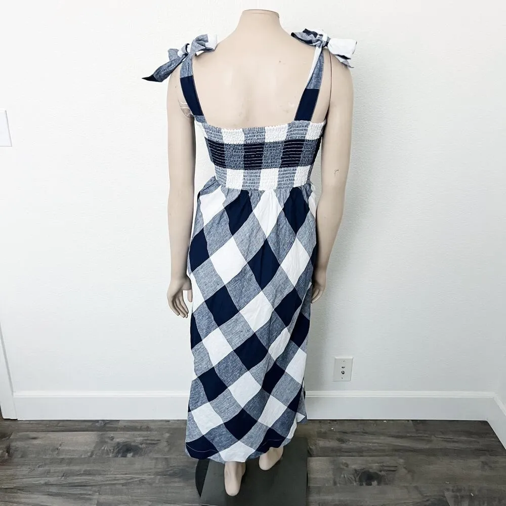 [Crown & Ivy] Navy Blue White Plaid Linen Midi Dress Tie Straps NWT Size Large L - Image 3