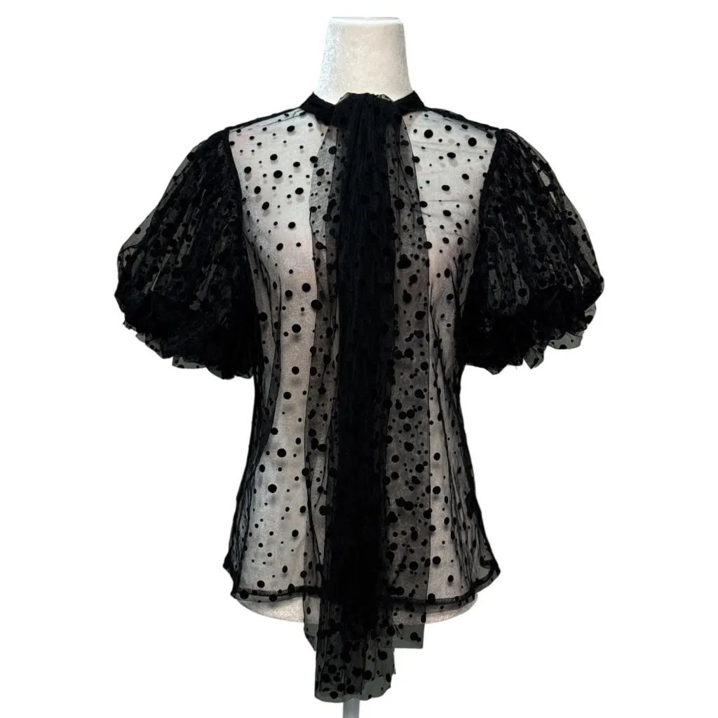 NEW Polka Dot Sheer Black Puff Sleeve Button-Up Blouse By Haute Monde Size S - Image 9