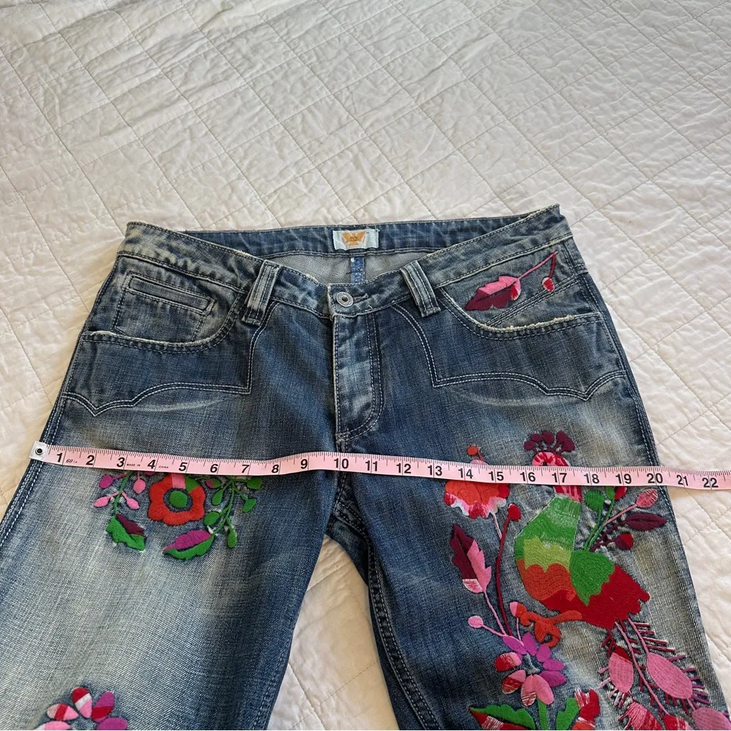 Antik Denim Embroidered Bootcut Flare Jeans 30 Y2K Boho Floral Bird Patchwork Pink - Image 9