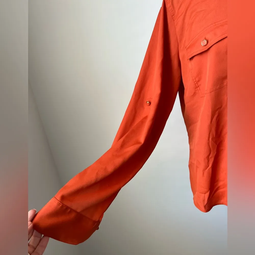 Michael Kors Zip Front Polyester Long Sleeve Burnt Orange size Large Blouse - Image 6