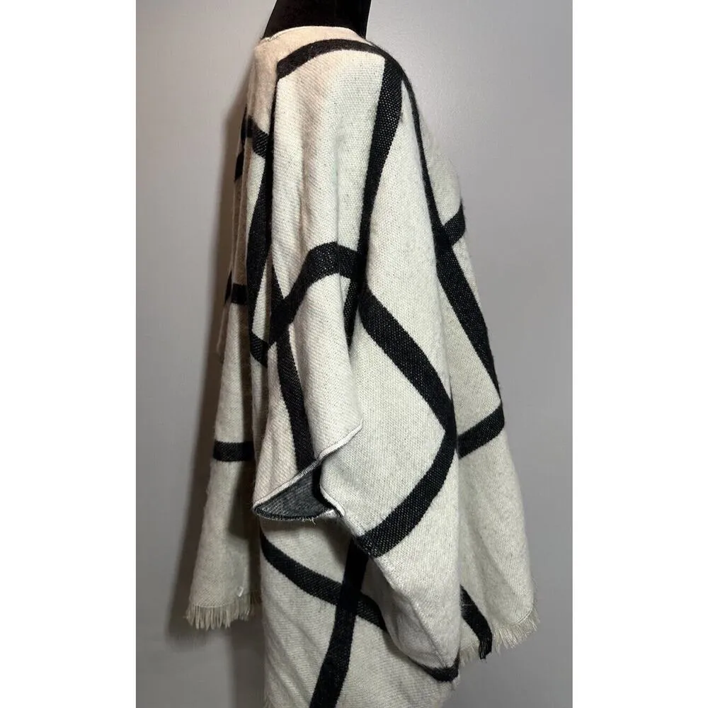 LOFT Poncho Cape Knit Sweater Ivory/Black Windowpane Check Acrylic Size M/L - Image 2