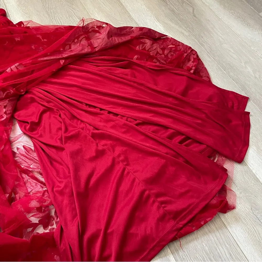 Applique Plunge Maxi Dress floral mesh slits womens Red (medium) formal party - Image 8