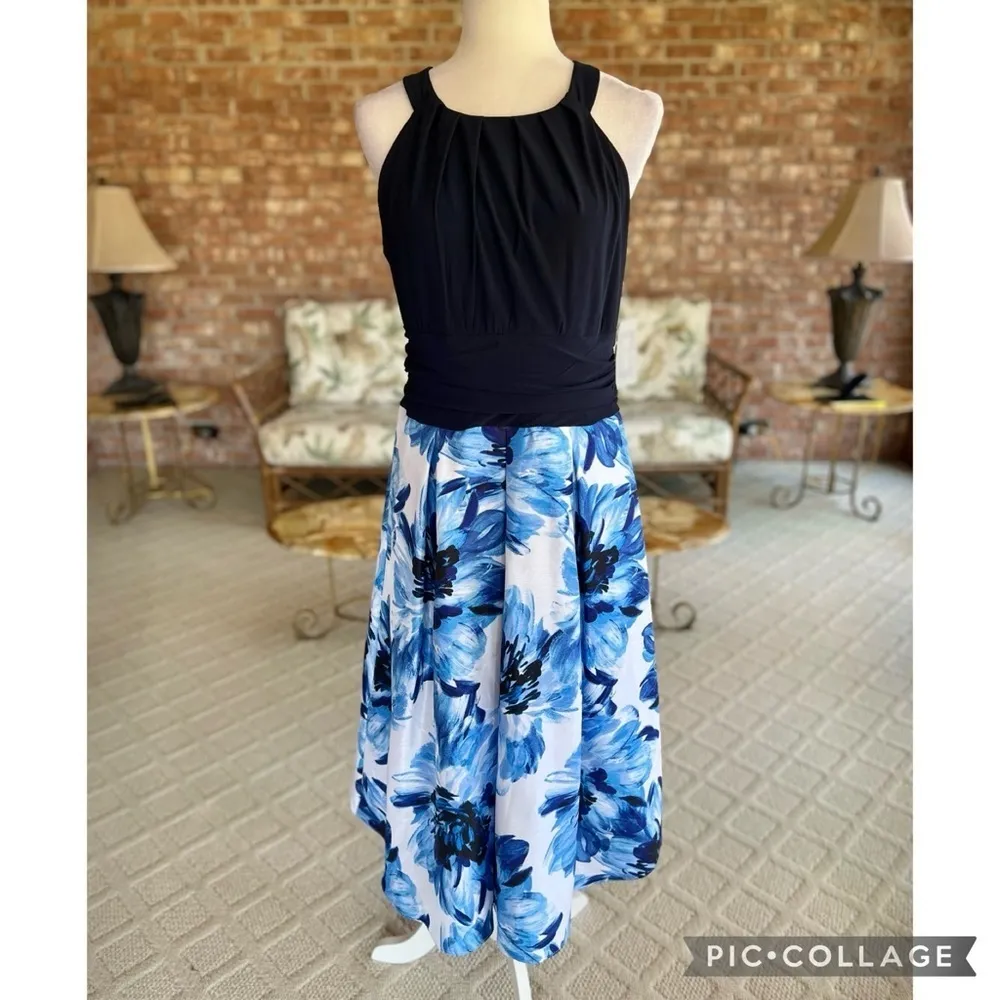 NWT SLNY Dress Midi Floral Fit & Flare Halter Blue Black 14 Cocktail Event Glam - Image 3