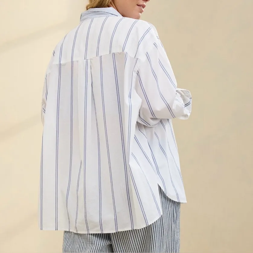 aerie Oversized Good Day Button Down Shirt Blue & White Striped Cotton - Image 3