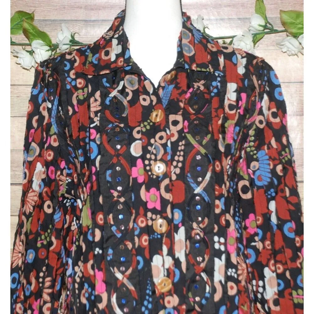 Sara Studio Colorful Bold Retro Size XL Lightweight Shacket Button Front Sequin Black - Image 4