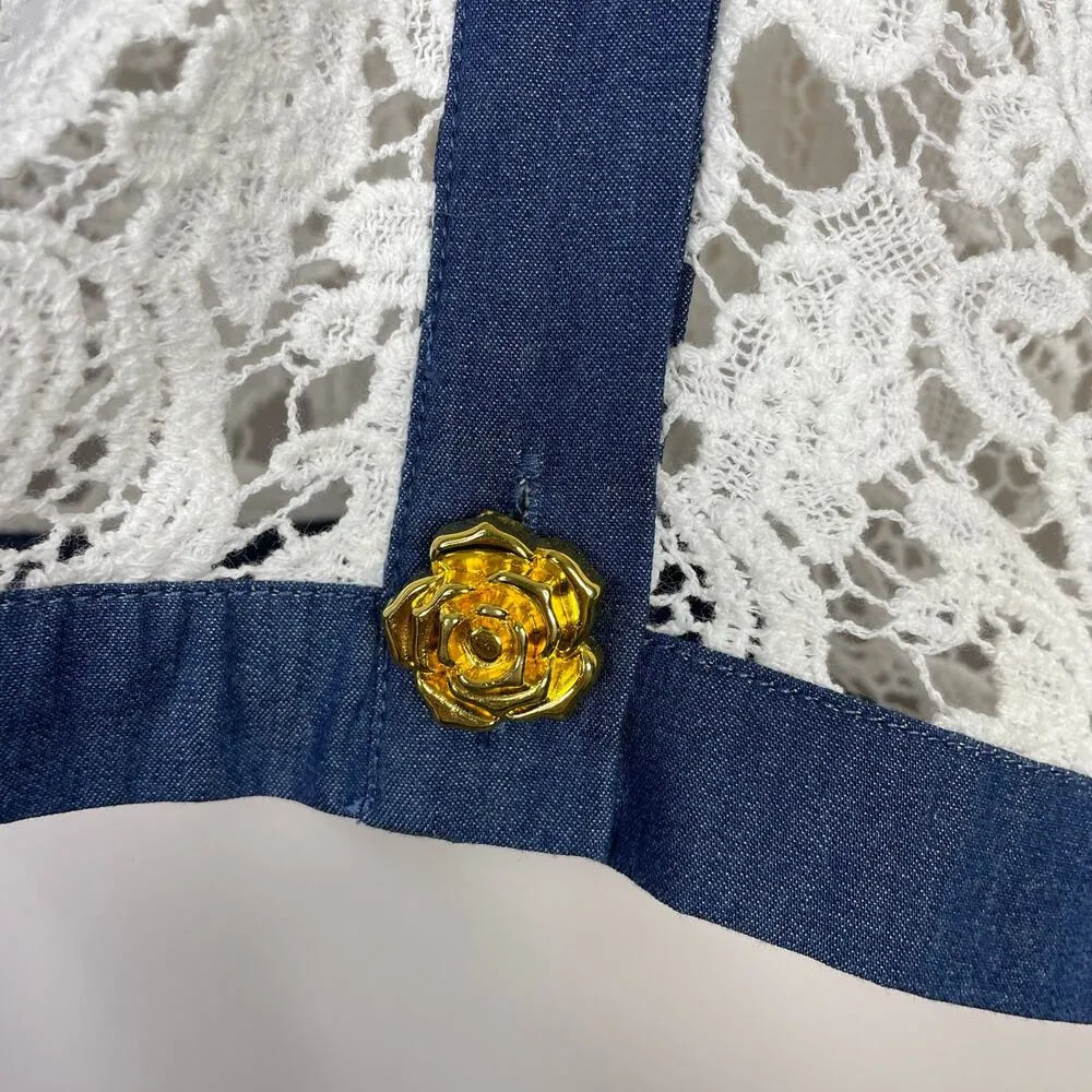 Michael Simon White Cotton Crochet Lace Denim Trim Tailored Jacket Top PS P S - Image 6