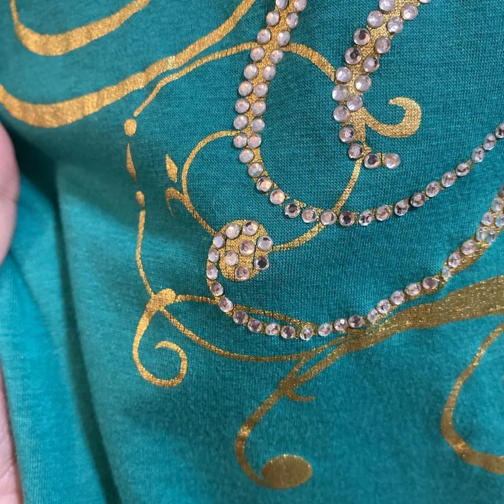 Vintage Y2K Baby Phat Cat Logo Med Rhinestone Green Gold Blouse Old Money Lucky - Image 6