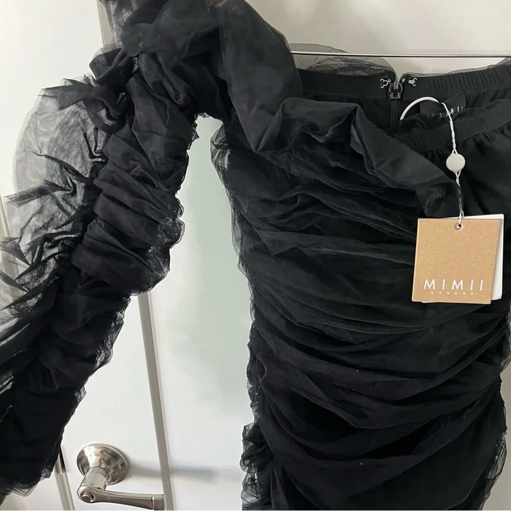 NWT Mimii London Black Ruffle Ruched Long Sleeve Dress Womens Size S - Image 4