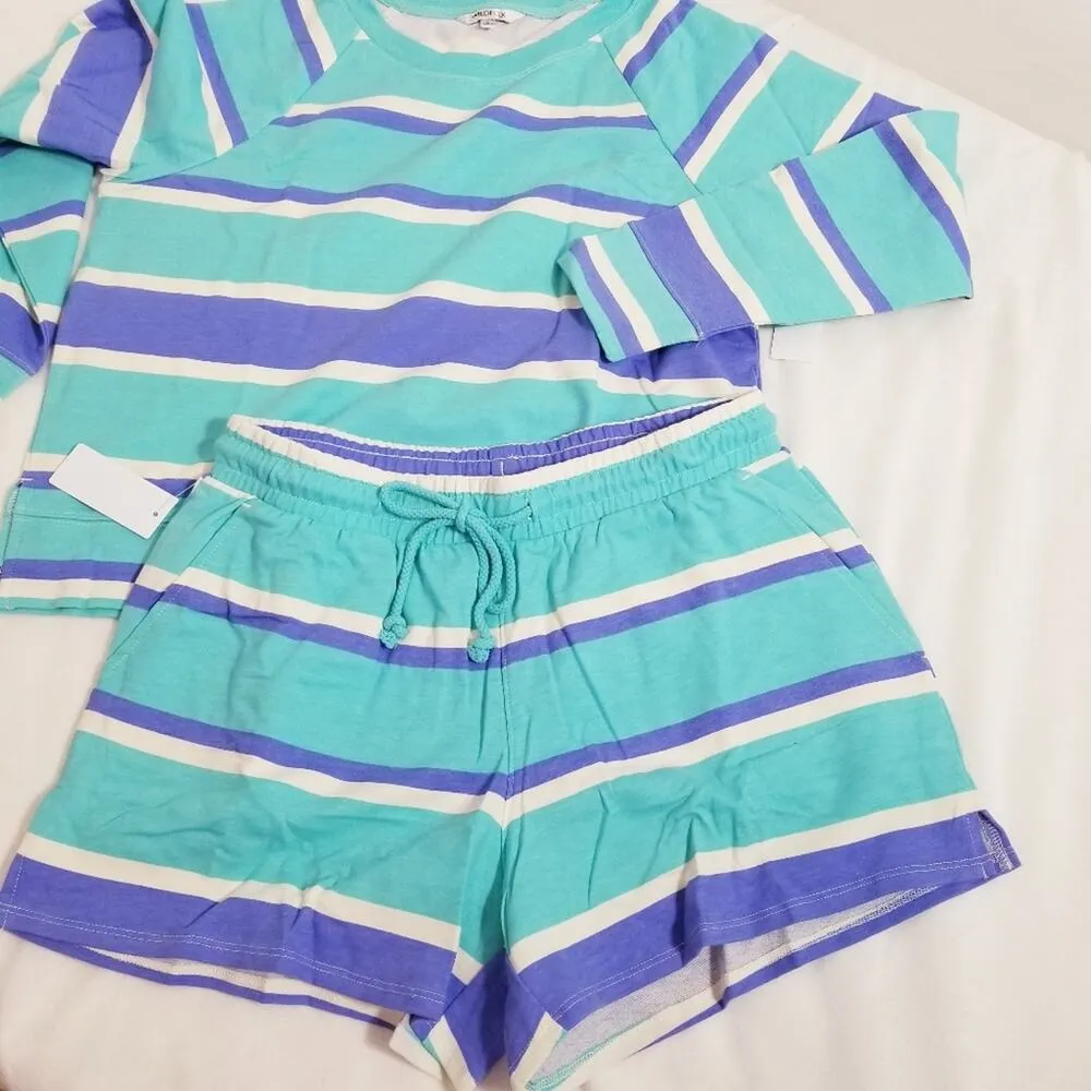 WILDFOX Blue Stripes Super Soft Sweatshirt & Short Lounge Co-Ord Sets - Image 3