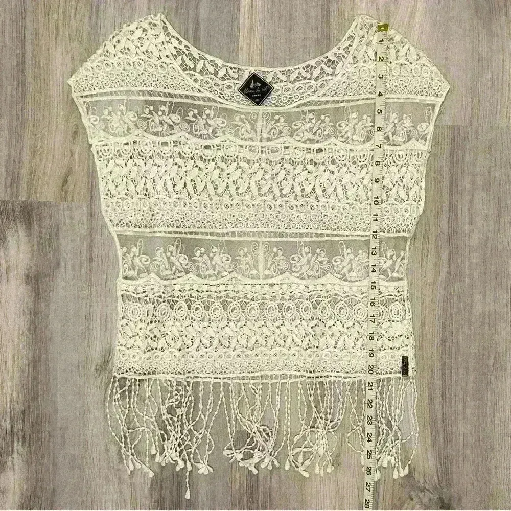 Blanc du Nil Sheer White Crochet Lace Sleeveless Top Swim Cover Up Fringe Size M Size M - Image 4