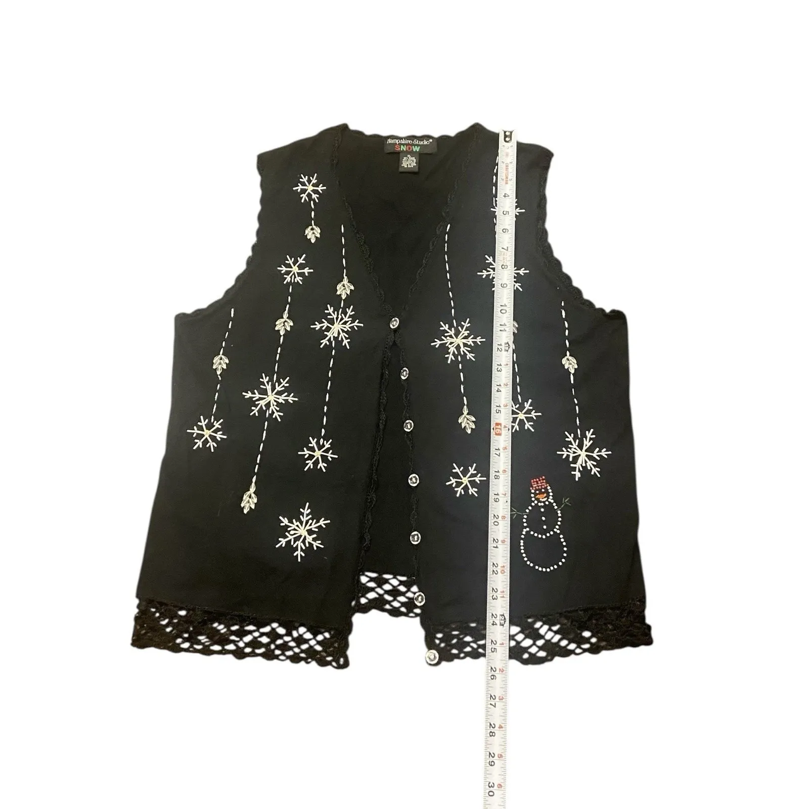 Vtg Hampshire Studio Snow Christmas Sweater Vest XL Snowman Beaded Black Lace - Image 5