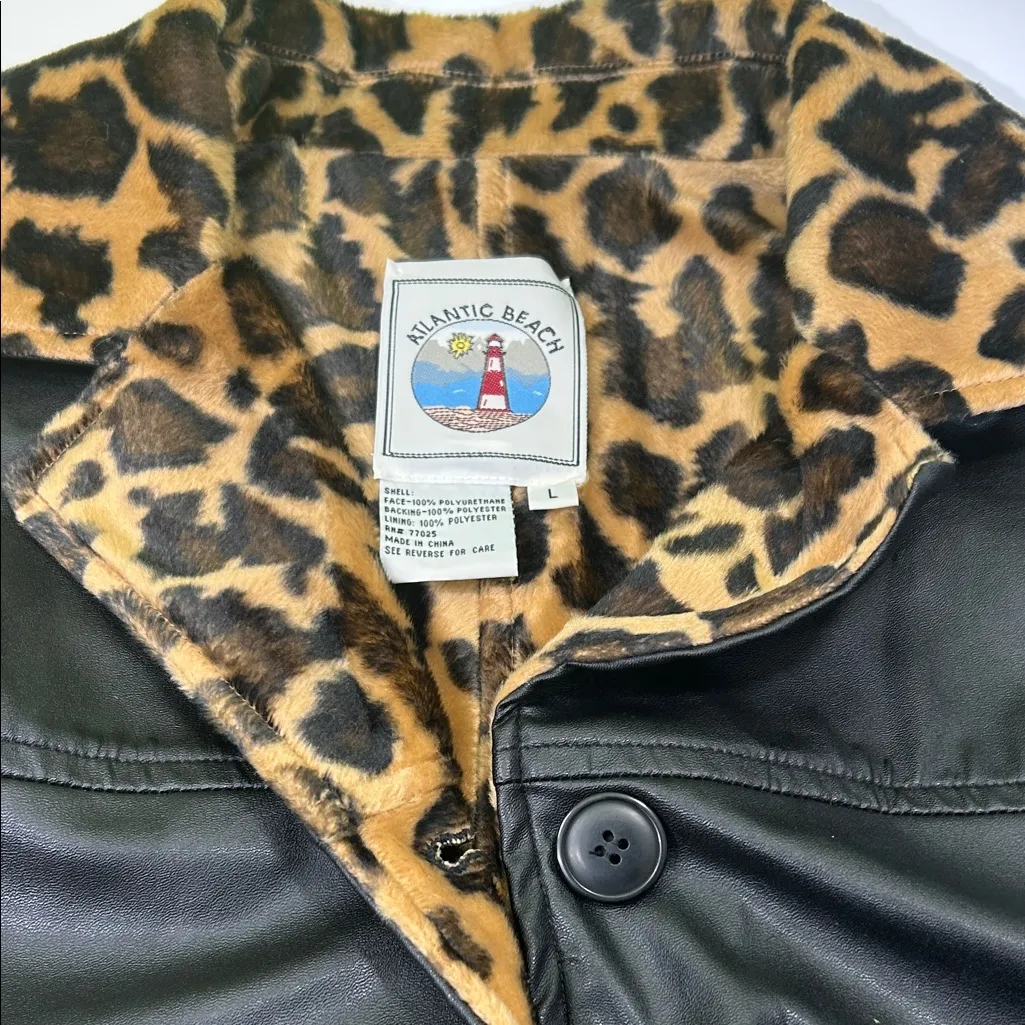 Leopard Print Lined Black Bomber Jacket Size L - Image 5