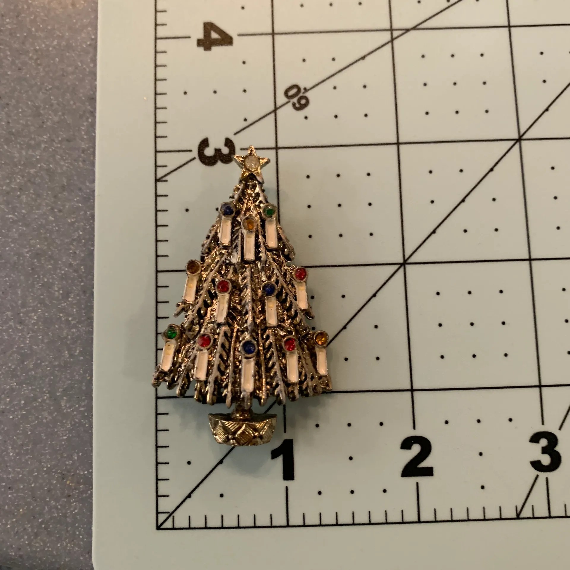 Vintage Silver & Gold Christmas Tree Brooch White & Rhinestoned Candles Multiple - Image 5