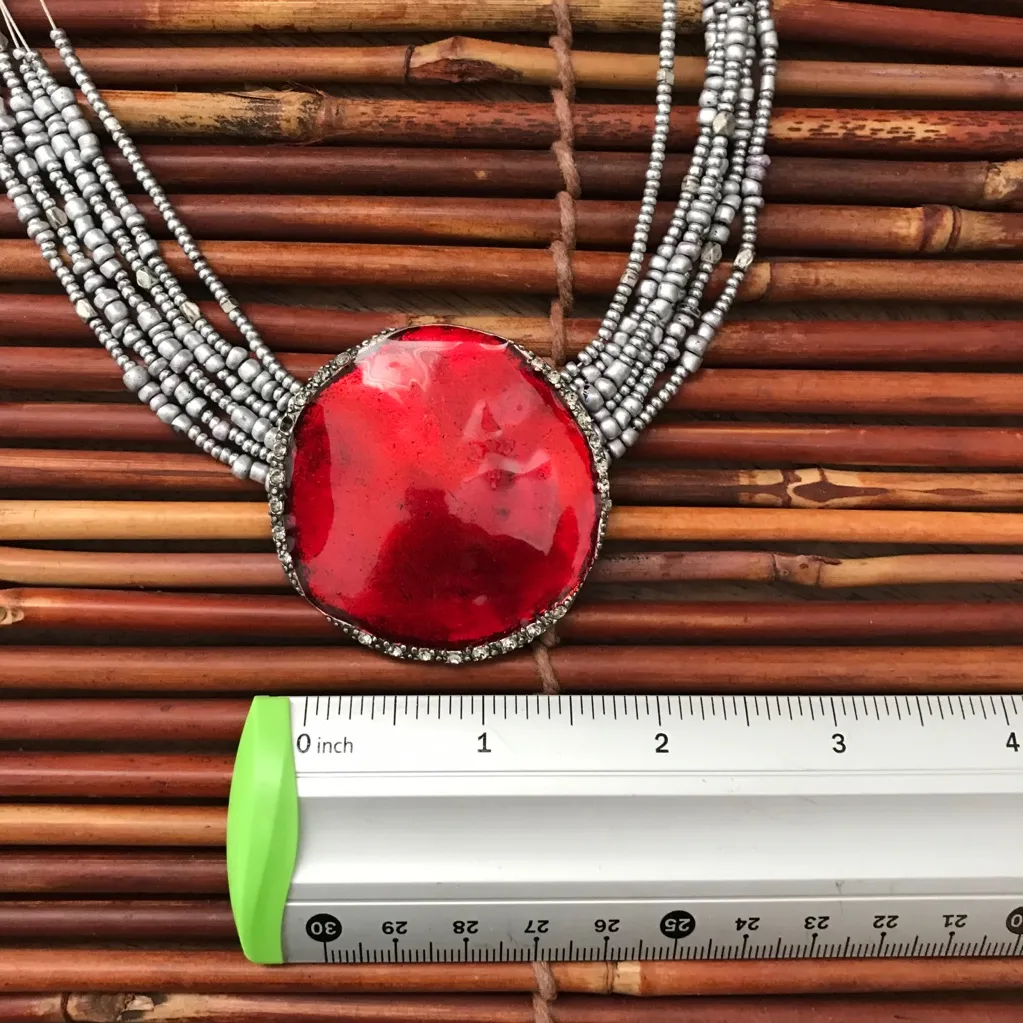 Chico’s Red Medallion Choker Necklace Seed Beads - Image 6