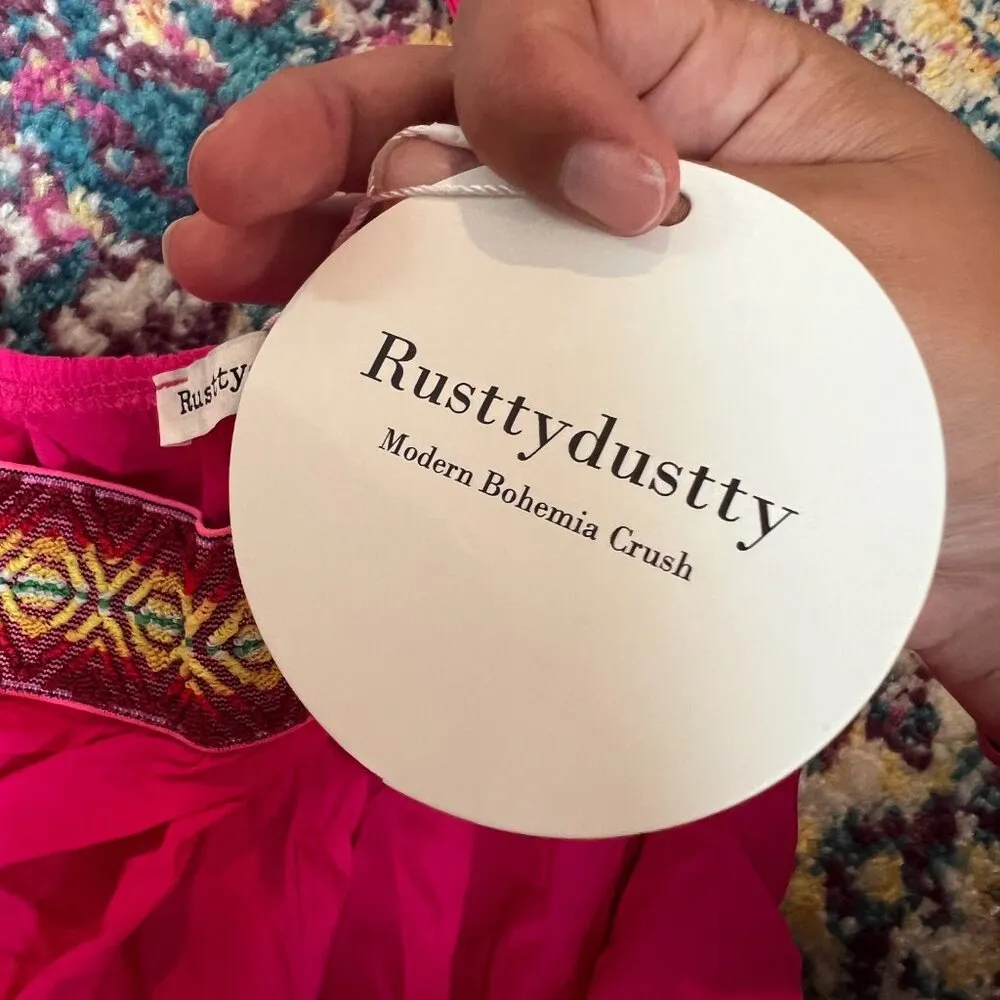 NWT Rusttydustty Hot Pink Geometric Embroidered Tube Top Wide Leg Jumpsuit M Size M - Image 7