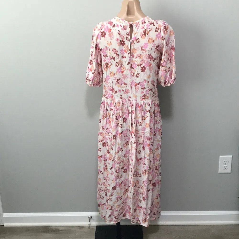 H&M Floral Pink Beige Midi Dress Drop Waist XS - Image 5