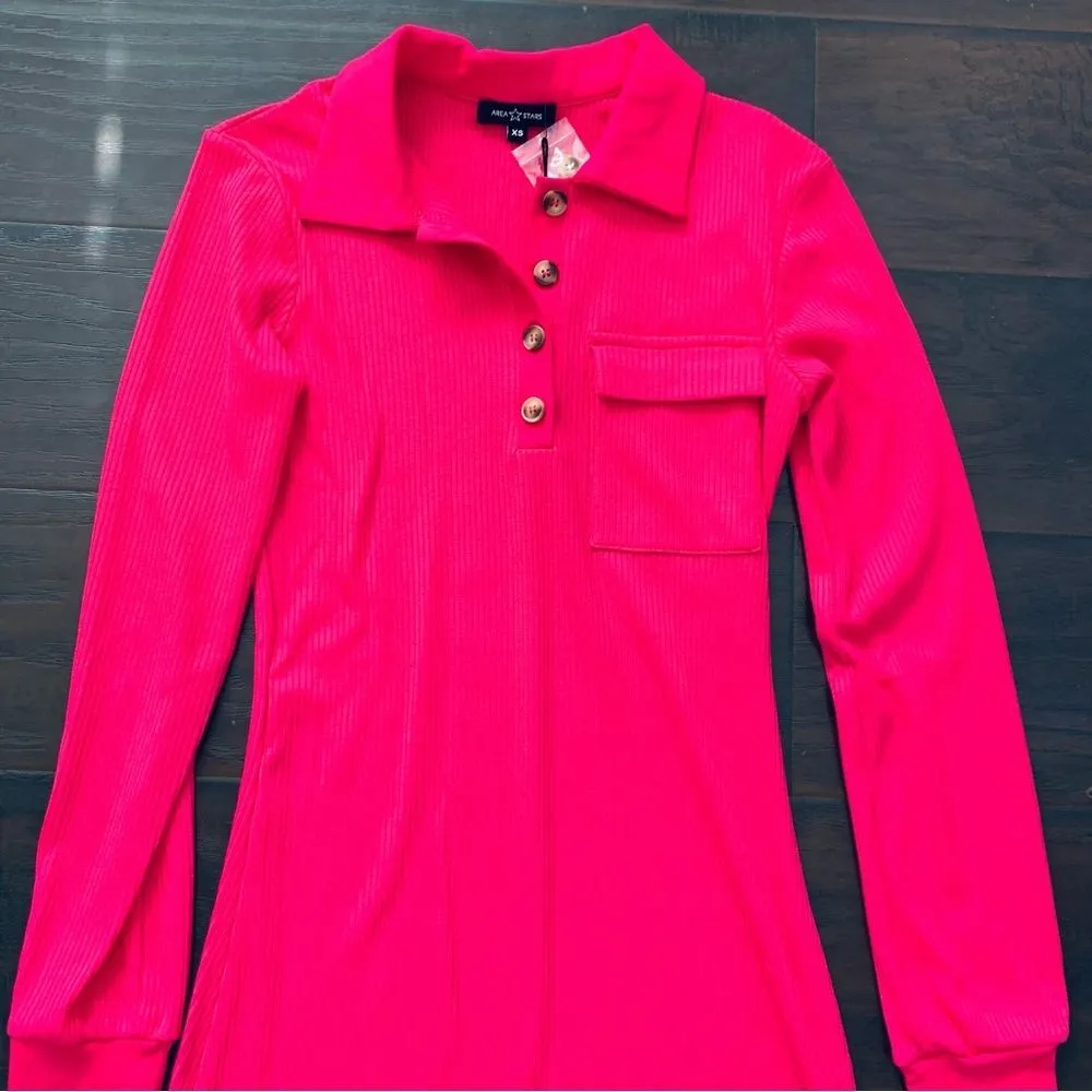 NWT Area Stars Women's Pink Juliette Stretchy Ribbed Knit Polo Dress $150 | XS - Image 2