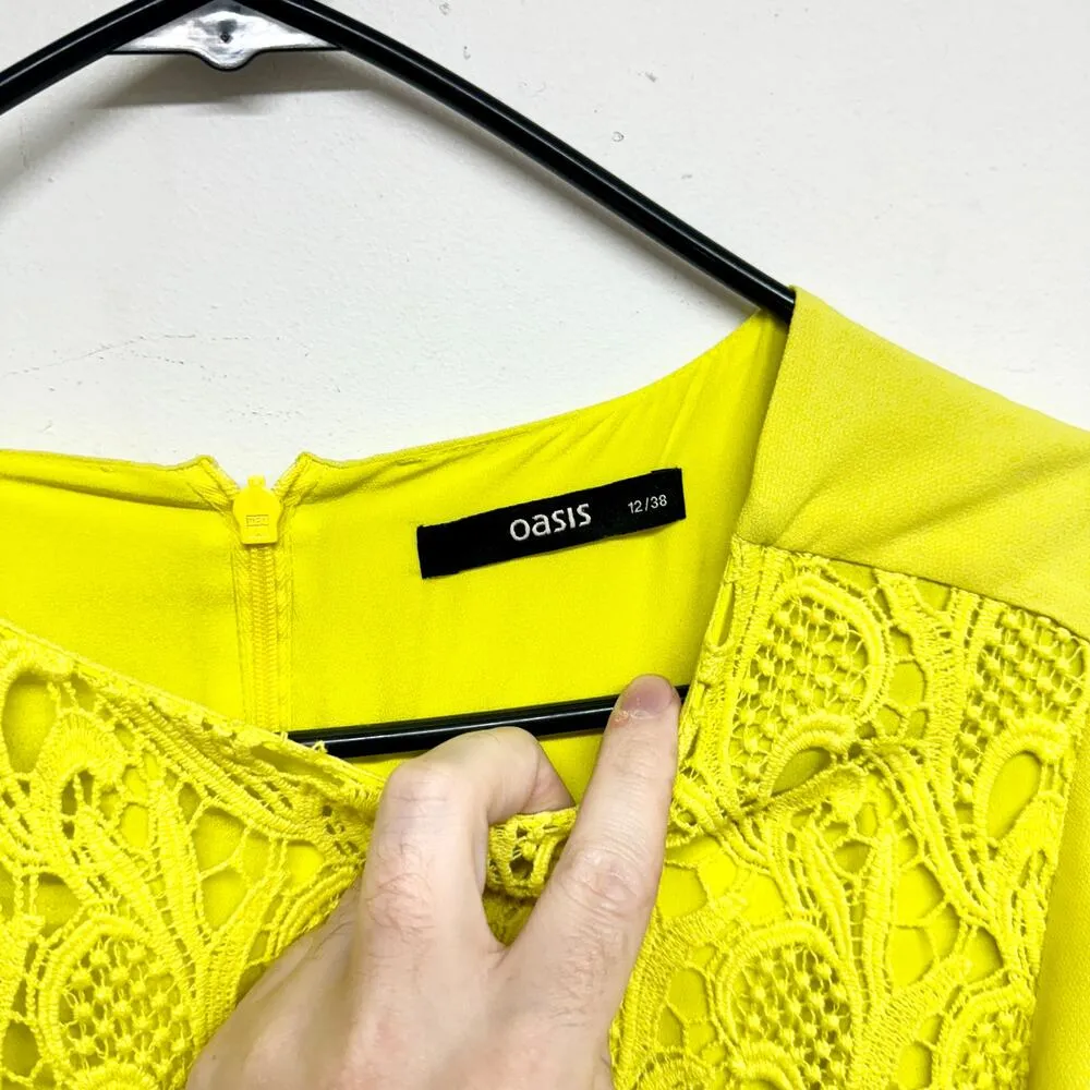 Oasis Women Neon Yellow Short Sleeve Lace Front Mini Dress 12/38 - Image 2