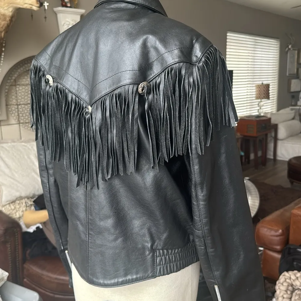 Open Road Black Leather Fringe Jacket size 8 - Image 2