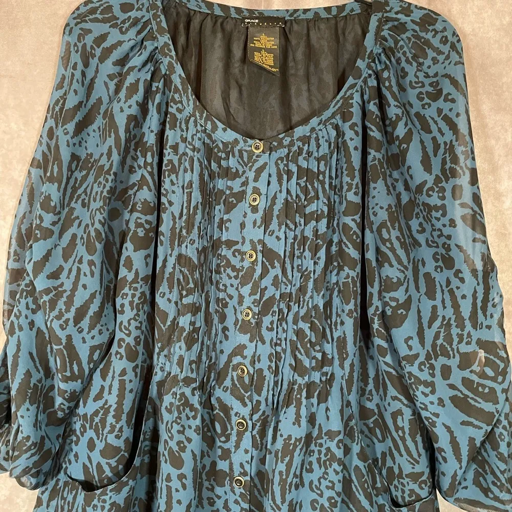 Grace Elements Dark Teal & Black Printed Flowy Blouse- Size Large - Image 3
