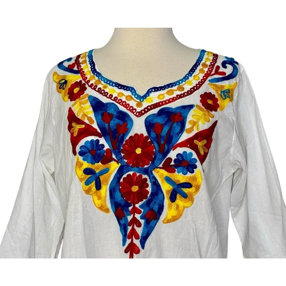 OMJA WORLD Mexican Embroidered Peasant Blouse Floral Ethnic Authentic Top Sz L White Size L - Image 3