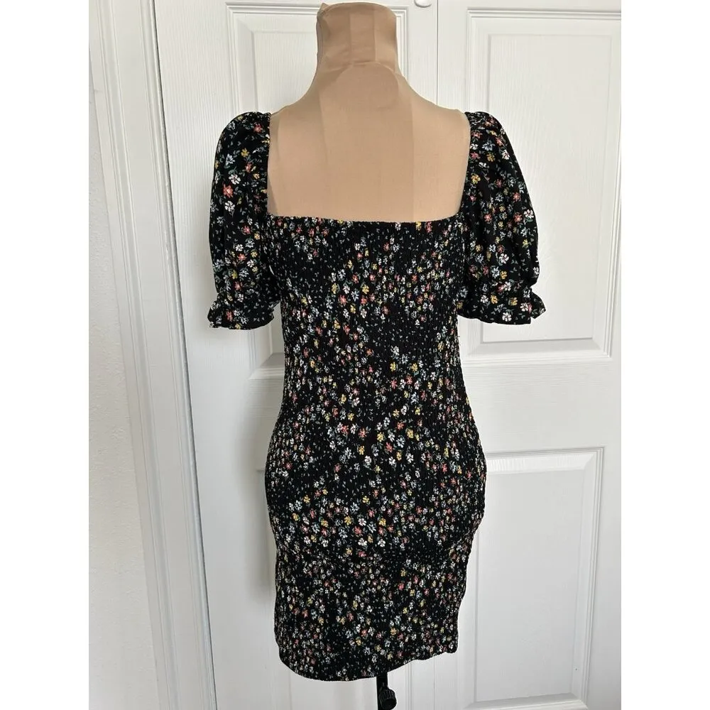 Blue Blush Women Floral Print Puff Sleeve Smocked Body-con Mini Dress Black Sz M - Image 3
